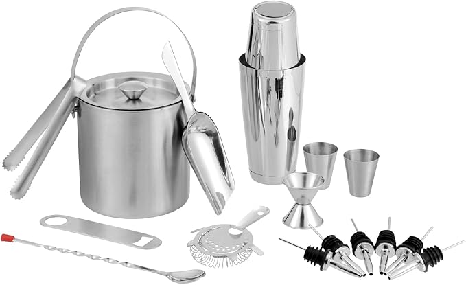 Vinod Stainless Steel Cocktail Set | 17 Piece Bar Accessories Set | 26 Ounce Boston Shaker w/Strainer Rubber Pourers Bar Jigger, Cocktail Spoon & More | Drink Mixer Bar Set | Bartender Kit