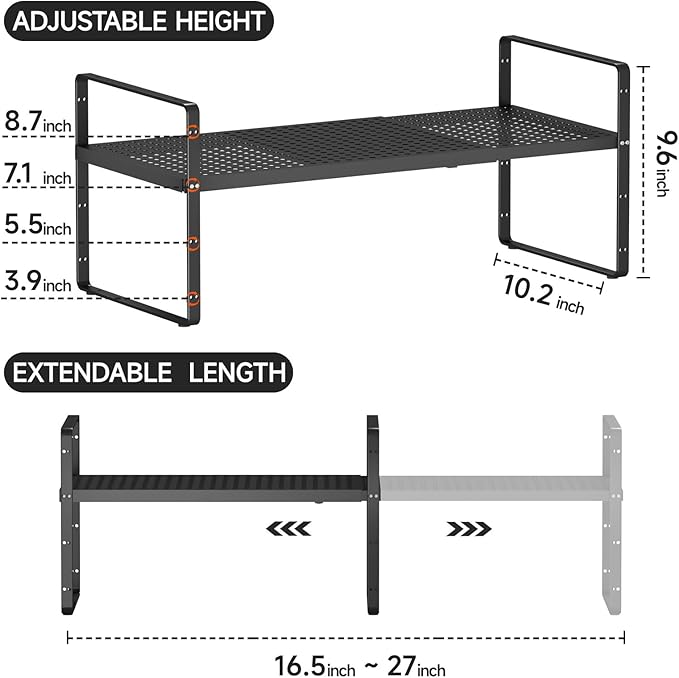 Expandable Cabinet Countertop Shelves 16.5-27’’L, Adjustable Metal Spice Rack Organizer, Stackable Kitchen Counter Storage Shelves Organizers for Cabinet Organization, Black
