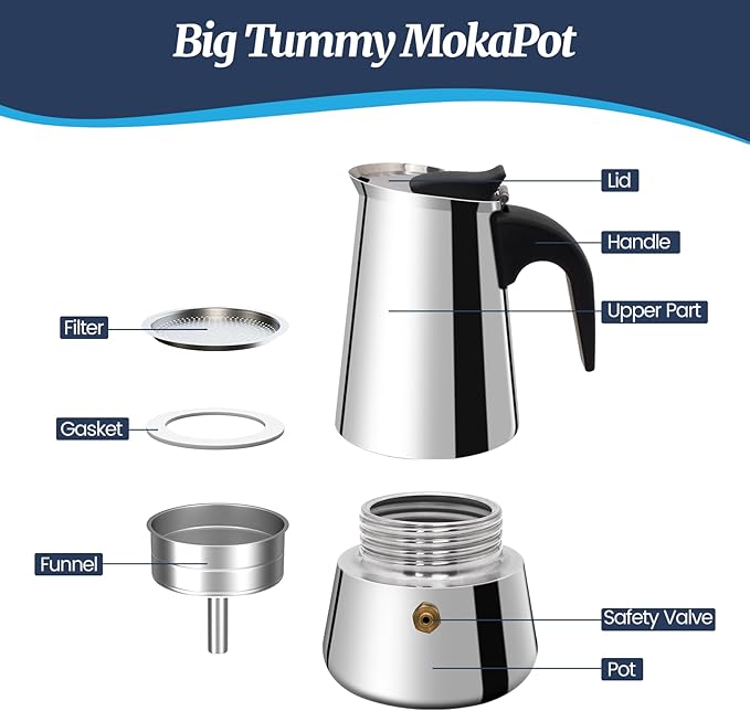12 Cup Moka Pot Stainless Steel 600ml Italian Espresso Coffee Maker Stovetop CoffeeMakers Mocha Pot Percolator for Induction Stove Classic Cafe Makers Portable for Easy Brewing Tummy