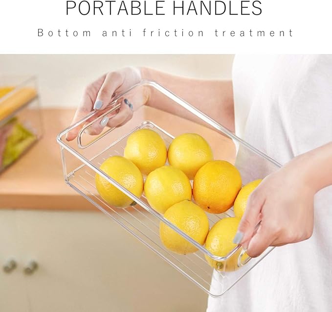 Stackable Refrigerator Organizer Bins, 6 Pack Clear Kitchen Organizer Container Bins with Handles and 20 PCS Plastic Bags for Pantry, Cabinets, Shelves, Drawer, Freezer - Food Safe, BPA Free 10"L