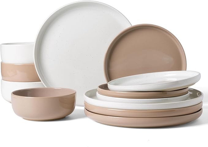 Famiware Milkyway Plates and Bowls Sets, 12 Pieces Stoneware Dinnerware Sets, Dishes Set for 4, White & Cinnamon Brown