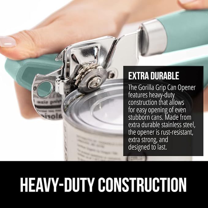 GORILLA GRIP Heavy Duty Stainless Steel Smooth Edge Manual Can Opener and Bottle Openers, Soft Comfortable Handle, Oversized Handheld Turn Knob, US Designed Multifunctional Kitchen Tool, Mint