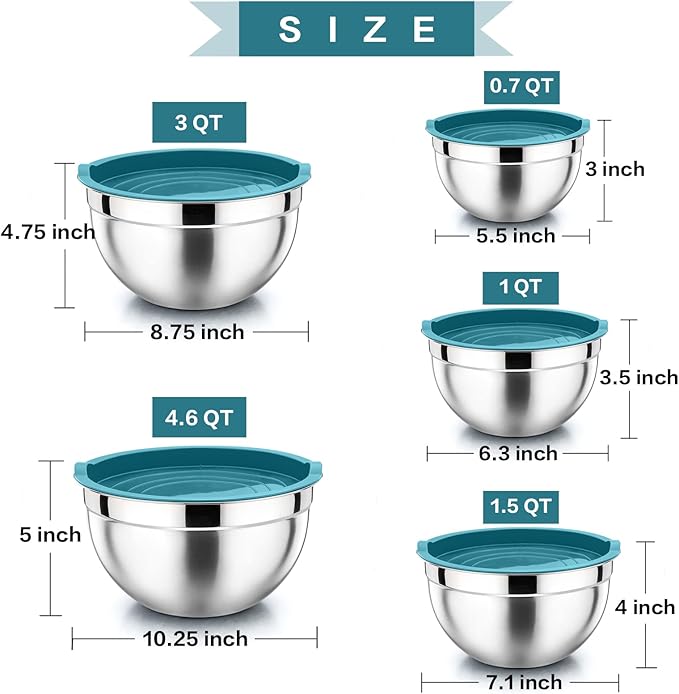 P&P CHEF Mixing Bowls with Airtight Lids Set of 5, 10-Piece Stainless Steel Mixing Nesting Bowl, Metal Bowl with Lid for Kitchen Prepping & Storing, Size 4.6, 3, 1.5, 1, 0.7 QT, Blue