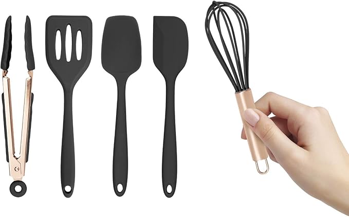 COOK WITH COLOR Silicone Cooking Utensils, Kitchen Utensil Set, Easy to Clean Silicone Kitchen Utensils, Cooking Utensils for Nonstick Cookware, Kitchen Gadgets Set, Mini, Black