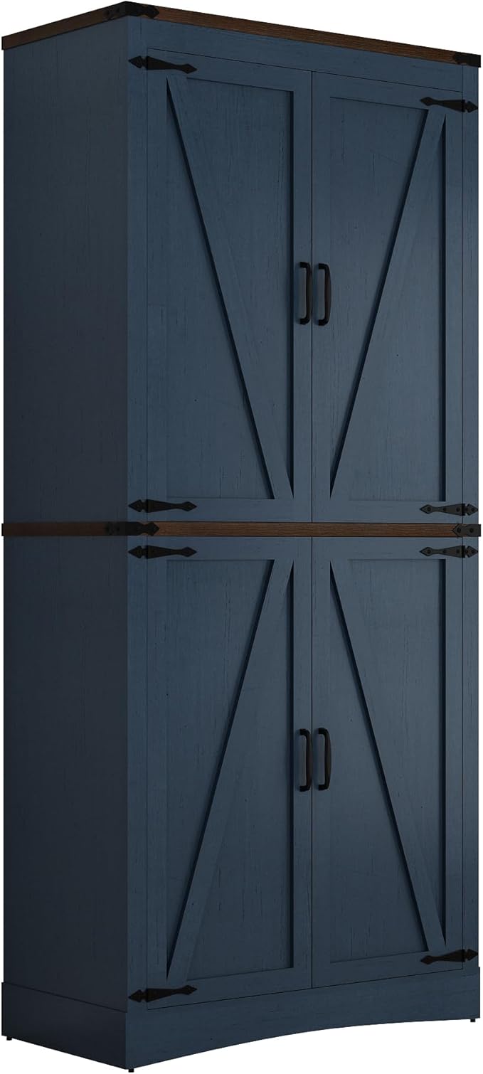 71in Farmhouse Kitchen Pantry Cabinet,Tall Storage Cabinet with 4 Doors and Adjustable shelves,with Load-Bearing Steel Pipe,Wood Storage Cabinets for Kitchen,Dining Room,Bathroom(Rustic Blue)