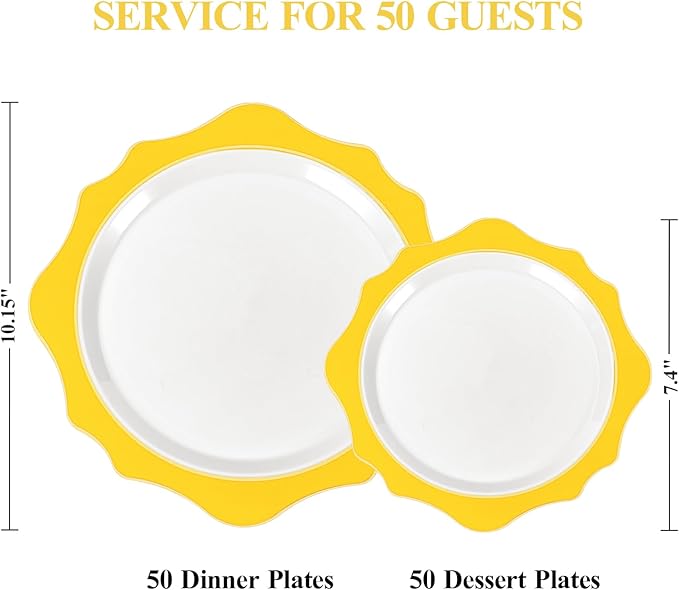 100 PCS White and Yellow Disposable Plates for 50 Guests, Scalloped Plastic Plates Include 50 Dinner Plates and 50 Dessert Plates for Party, Wedding