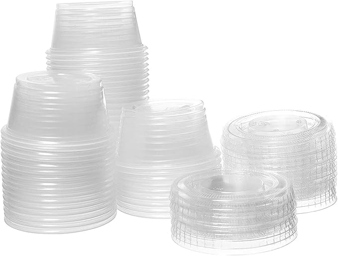 DuraHome Plastic Portion Cups with Lids 2 oz. Pack of 150 Leakproof Jello Shot Cup Mini Containers for Salad Dressing Sauce Condiment Snack Souffle and Salsa, Disposable