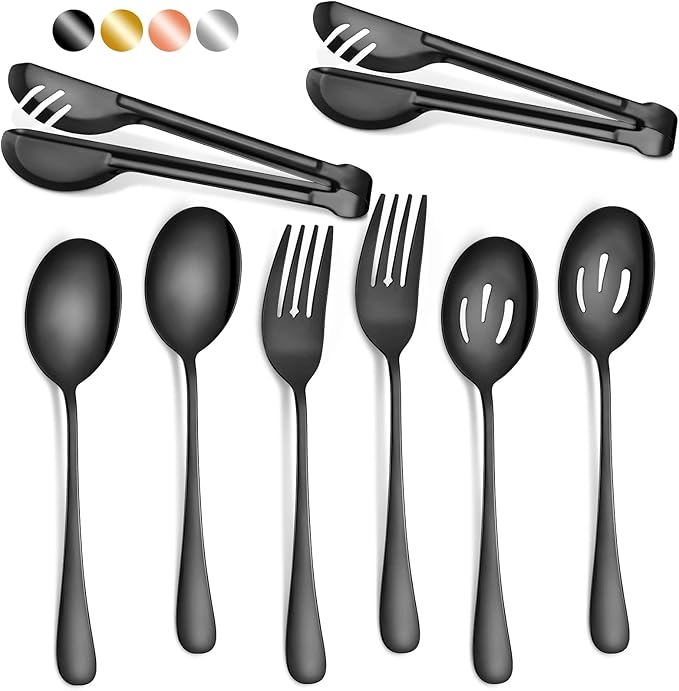 Patelai 8 Pieces Christmas Stainless Steel Black Serving Utensils Set 8.7" Large Spoons and Slotted Spoon 9.45" Tong 9" Forks Flatware Wedding Party Buffet Banquet Cooking Kitchen Catering
