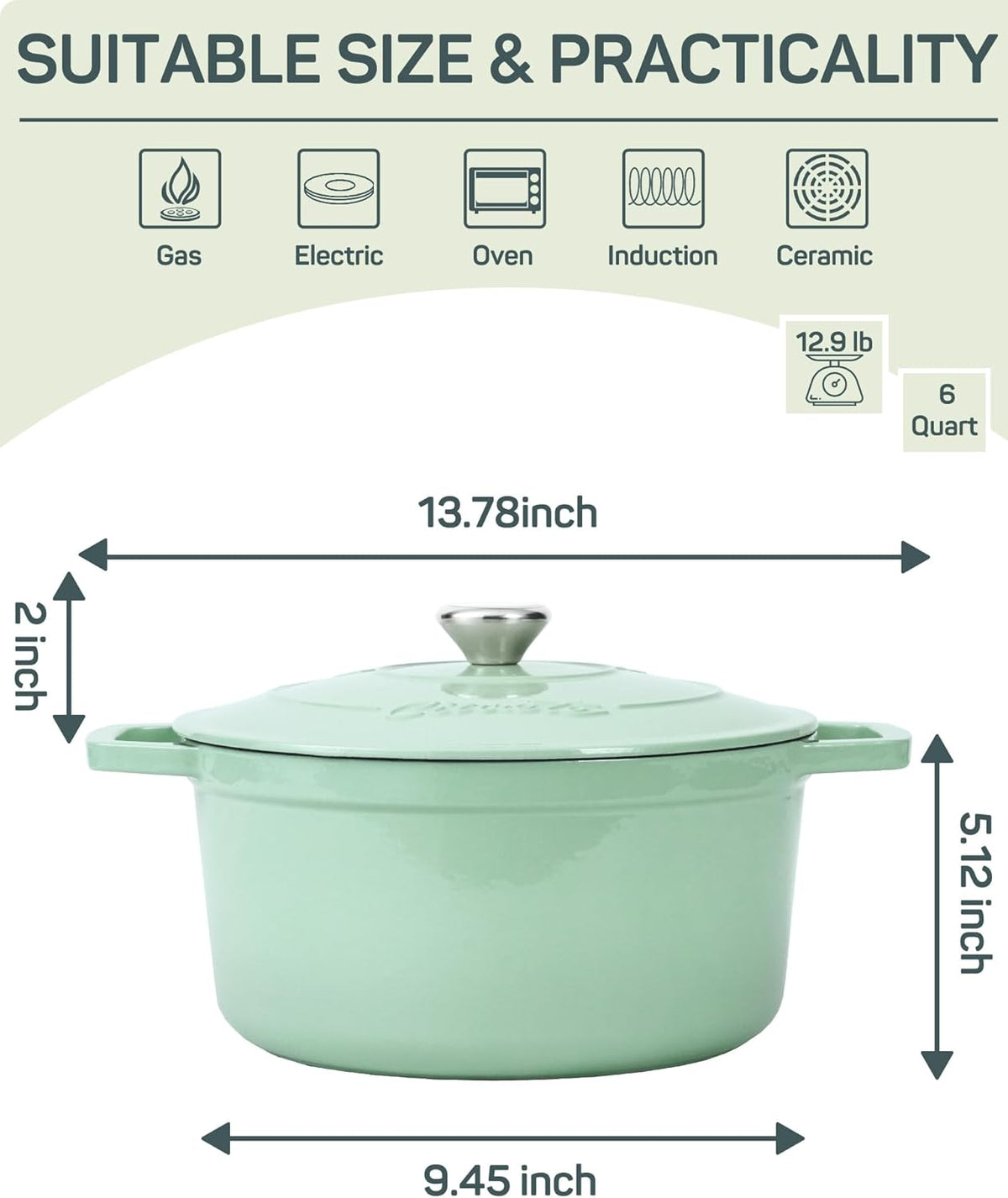 6 QT Dutch Oven Pot with Lid, Enameled Cast Iron Dutch Oven for Bread Making, Braiser, Cooking, Dual Handles, Oven Safe up to 500° F or on Stovetop, Gifts for Family - Mint Green