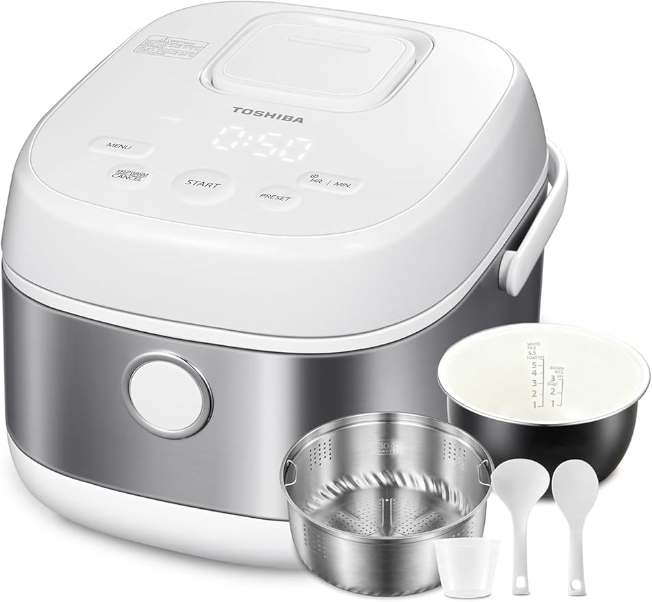 TOSHIBA Induction Heating Rice Cooker - Low Carb, Low Sugar, Digital Steamer, 5.5 Cups (Uncooked), 8 Cooking Functions, 24H Timer & Auto Keep Warm, Silvery white