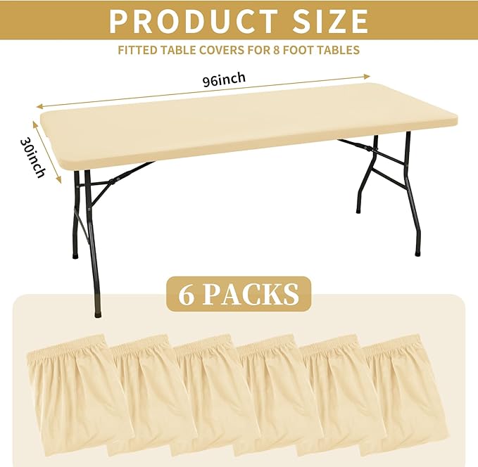 6 Pack Stretch Fabric Table Top Cap Cover, fits 8' Tables, Spandex Table Covers Washable Elastic Rectangle Tablecloth Protector for Indoor Outdoor Party Picnic Wedding, Beige, 30" W x 96" L
