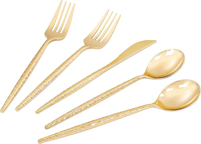 LIYH 102 Pcs Gold Plastic Silverware Cutlery Sets - Disposable Plastic Silverware Heavyduty, Disposable Utensil Sets, 34 of Each Forks, Knives & Spoons Flatware Set for Party Birthday