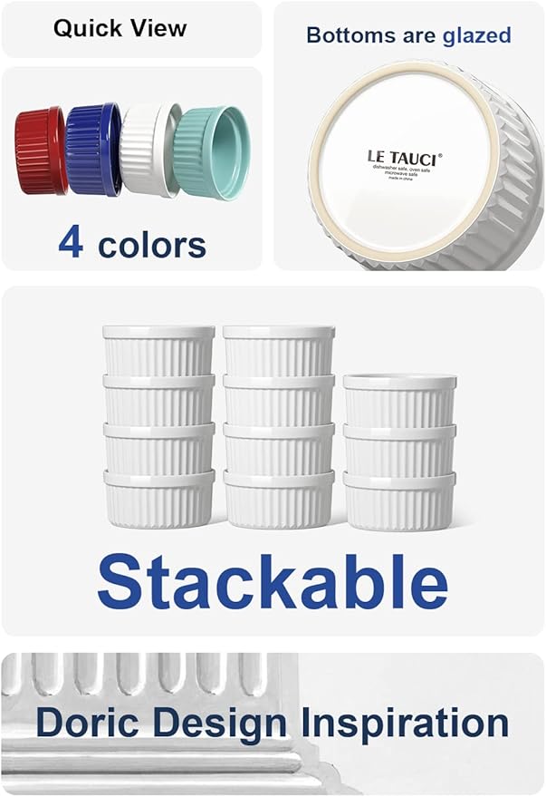 LE TAUCI Ramekins 8 OZ Oven Safe, Creme Brulee Ramekins, Pudding Custard Cups Souffle Ramiken, Dipping Sauce Dishes, Ceramic Ramekin Bowls Set of 6, White