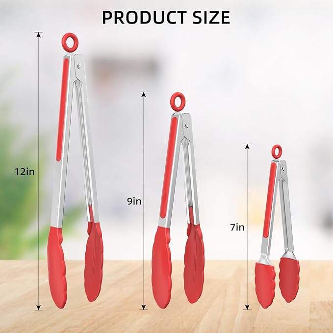 NileHome Tongs for Cooking, Professional Stainless Steel Cooking Tongs – Heat-Resistant for Grilling, BBQ, Serving Salad, Pasta, and Kitchen Use, Dishwasher Safe, Set of 7" 9" 12", Red