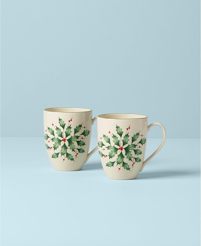 Lenox Coffee Mugs, Hosting The Holidays 2-Piece Holly 14 Oz Mug Set, Ivory Porcelain, Dishwasher and Microwave Safe, Christmas Holly Drinkware Set, Christmas Decorations (White/Green, 14 Oz, 2 Pieces)