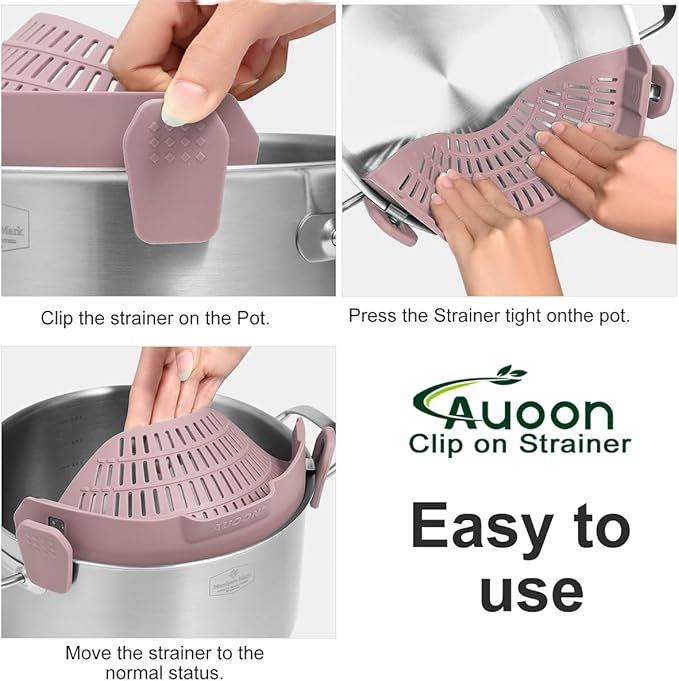 Large AUOON Clip on Strainer for All Pots and Pans - Oversized Silicone Pot Strainer Family-Style Design Pasta Strainer Kitchen Colander for Spaghetti and Noodles | Dishwasher Safe