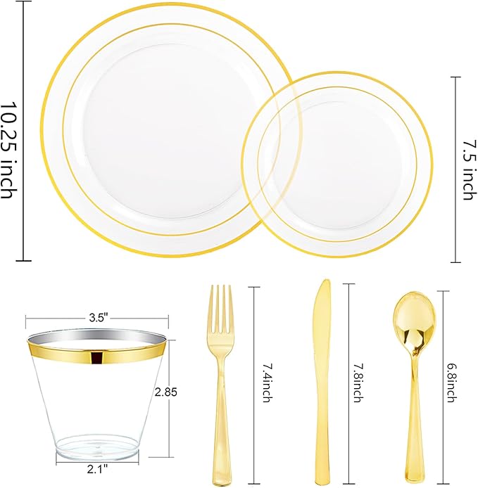 bUCLA 600PCS Clear Plates with Gold Trim - Clear Gold Dinnerware Set Disposable Include 100 Dinner/100 Dessert Plates, 100 Knives, 100 Forks, 100 Spoons, 100 Cups for Wedding, Party & Thanksgiving