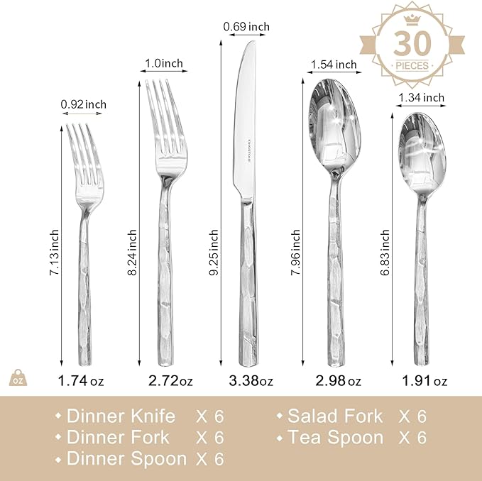 KINGSTONE Silverware Set, 30-Piece 18/10 Stainless Steel Brushed Handle Flatware Cutlery Set, for Kitchen, Home, Party, Wedding Gift, Rust Resistant and Dishwasher Safe