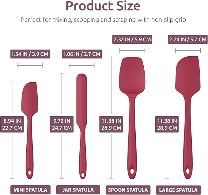 Heat Resistant Silicone Spatula Set: U-Taste 600ºF High Temp Seamless Food Grade Utensil, Flexible Rubber Silicon Kitchen Cooking Mixing Baking Scraper for Nonstick Cookware Set of 4 (Red)