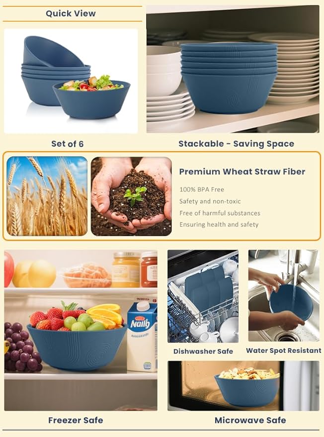Homienly Wheat Straw Bowls - 36 Oz Soup Bowl Set 6 Unbreakable Dinnerware, Microwave and Dishwasher Safe Bowls, Alternative to Plastic Bowl Reusable, Bowls for Kitchen, Soup, Dinner, Pho(Navy Blue)