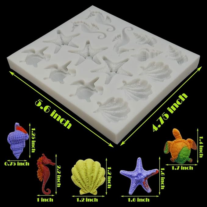 Sakolla Marine Theme Fondant Silicone Molds, Seashell, Conch, Seahorse, Starfish, Tortoise Silicone Mold for Cake Decoration, Chocolate Candy Sugar Craft