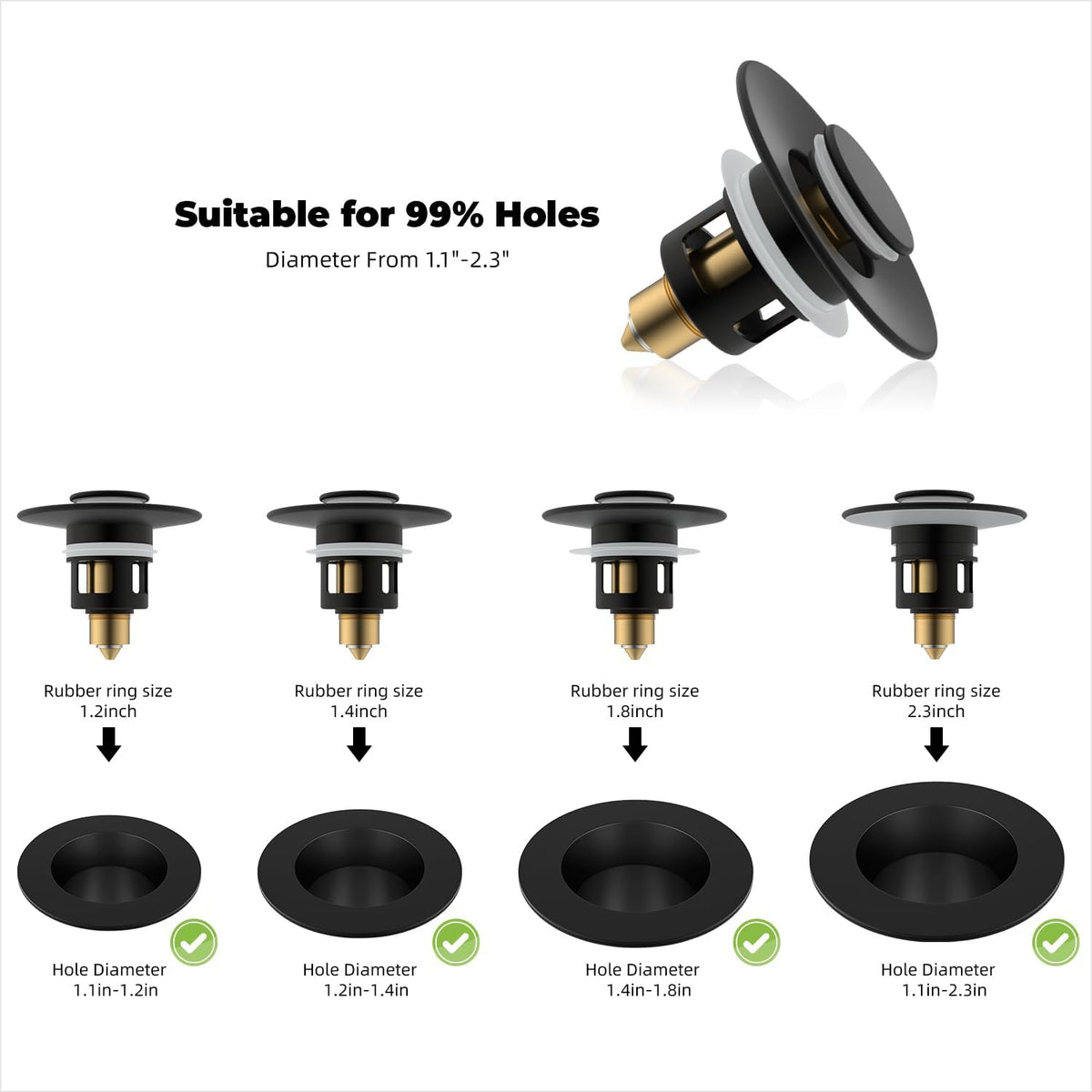 Hibbent All Metal Universal Bathroom Sink Stopper for 1.1''~2.3'' Basin, Pop Up Sink Drain Strainer, Brass Bullet Core Push Type Stopper, Stainless Steel Anti Clogging Drain Filter, Matte Black