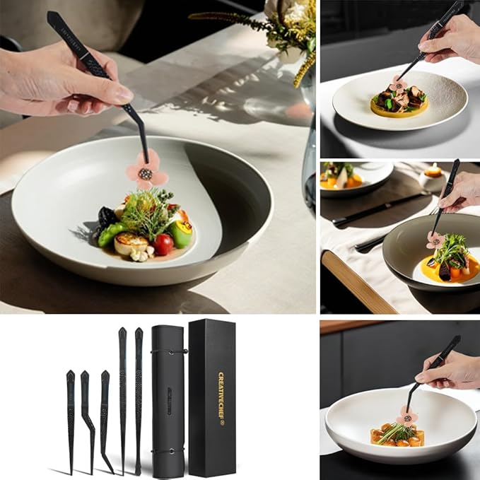 CREATIVECHEF Chef Tweezer Tongs, Professional Kitchen Tweezers, Precision Tweezer Tongs for Cooking, BBQ, Plating, Stainless Steel, Black (5)