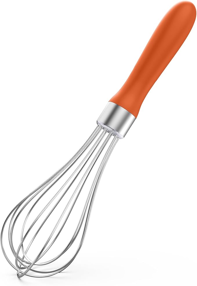 U-Taste 9" Small Egg Whisk: 18/10 Stainless Steel Kitchen Cooking Wire Balloon Wisk, Heavy Duty Metal Beater Stirrer, Manual Baking Tool with 6 Flex Wires for Hand Mixing, Blending Sauce (Orange)