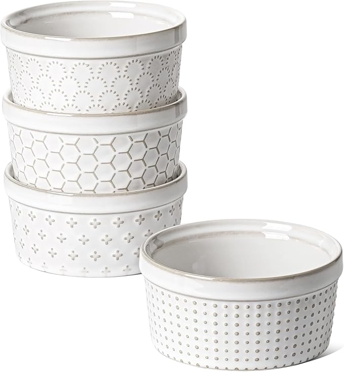 LE TAUCI Ramekins 8 oz, Ramiken for Creme Brulee, Lava Cake, Pudding, Souffle, Pot Pie, Ceramic Baking Dishes, Oven Safe - 4.3 inch, Set of 4, Arctic White