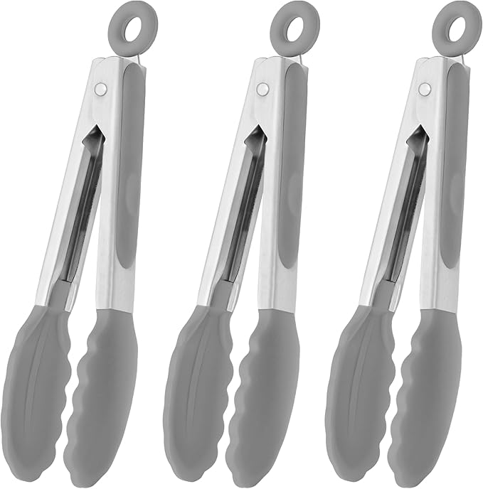 Small Serving Tongs with Silicone Tips 7 Inch Mini Stainless Steel Food Tongs, Set of 3 (Gray)