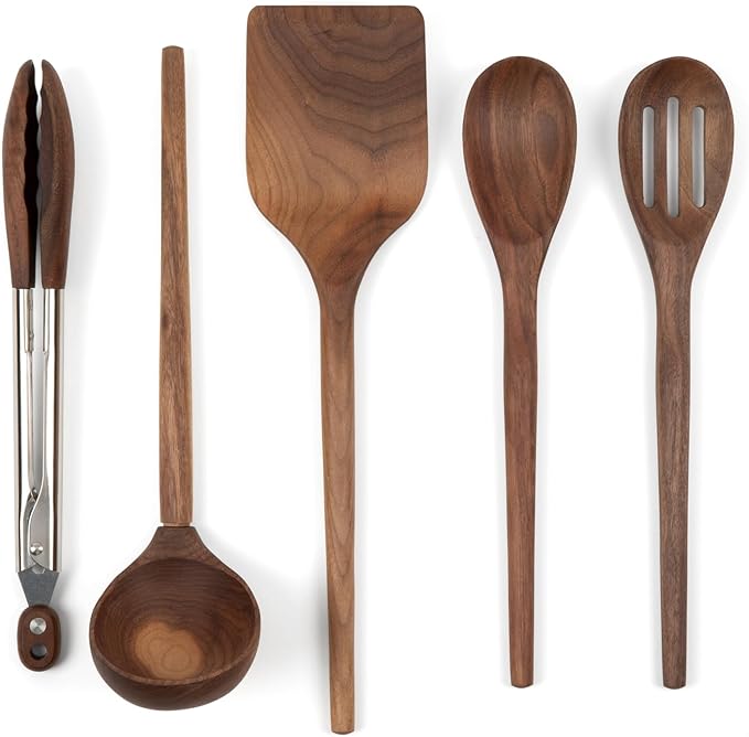 Salt & York 5-piece Walnut Wooden Kitchen Utensil Set - Includes Turner, Tongs, Slotted Spoon, Ladle, and 12" Spoon - Best Wooden Spoons for Cooking - Ideal for Nonstick Cookware