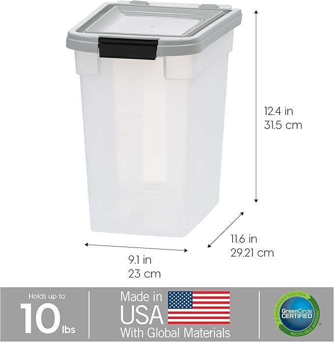 IRIS USA Airtight Dog Food Storage Container, WeatherPro, Up to 10 lbs, for Dog Cat Bird and Other Pet Food Storage Bin, Keep Fresh, Translucent Body, Made in USA, Clear/Gray