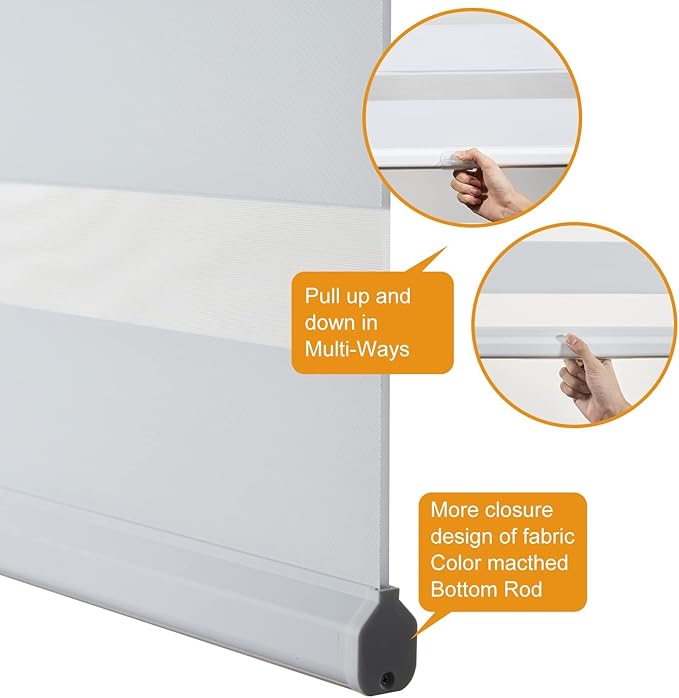 Persilux Cordless Zebra Blinds for Windows Free-Stop Roller Shades for Windows (49" W x 72" H, White) Dual Layer Window Treatments Room Darkening Roller Blinds for Home, Office and Kitchen