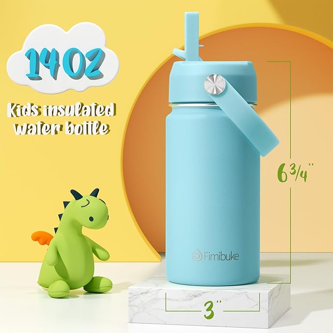Fimibuke Kids Insulated Water Bottle, 14oz BPA FREE 18/8 Stainless Steel Travel Tumbler Double Wall Vacuum Leak Proof Kids Cup with Straw Metal Water Bottle for School Boys Girls(1 Pack, Sky)
