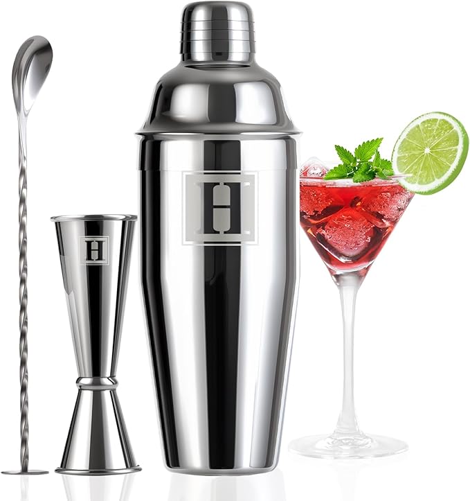 24oz Cocktail Shaker Set with 1 oz 2oz Jigger - Monogramm Initials Martini Shaker Set - 304 Stainless Steel Bar Shaker for Margarita,Mojito-Personalized Gift for Friend,Husband-H