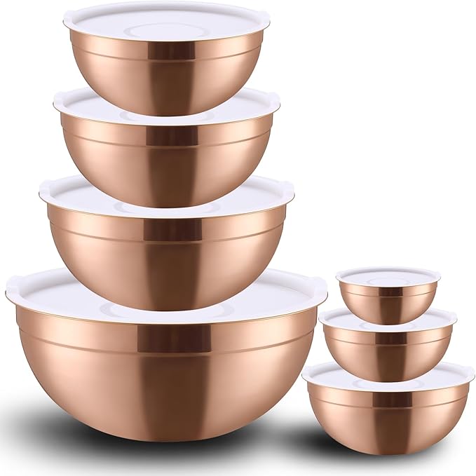 Rose Gold Mixing Bowls with Lids Set of 7, Stainless Steel Nesting Bowl with Khaki Lid for Non-slip Mixing Prepping Storing Serving, 7 Sizes-7/3.6/2.7/2.1/1.5/1/0.8 QT