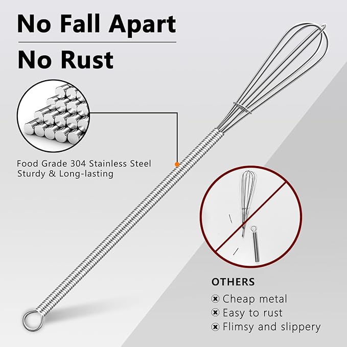 Walfos Long Small Whisks Skinny Little Whisk 10 inch Tiny Mini Whisk With Long Handle for Mixing Sauces, Coffee, Cooking,Beating, Blending Ingredients,