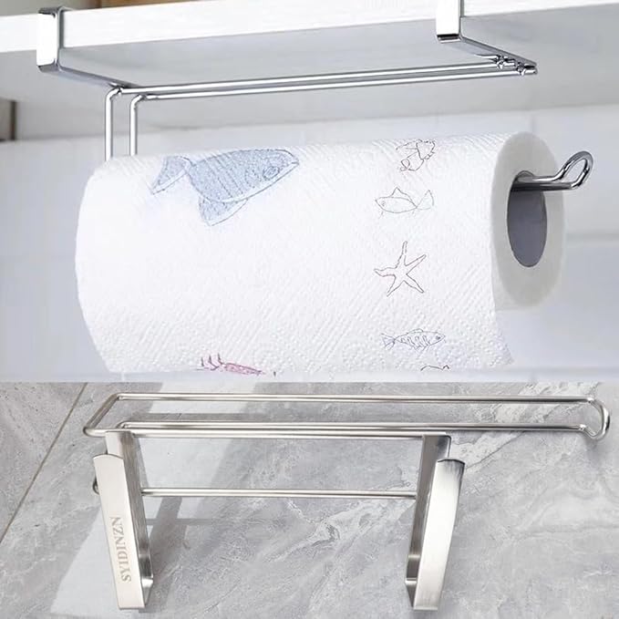 Paper Towel Hanger Holder Stainless Steel Kitchen Roll Paper Towel Holder Tissue Hanger Organizer Rack for Kitchen Under Cabinet Over Door (Paper Towel Holder)