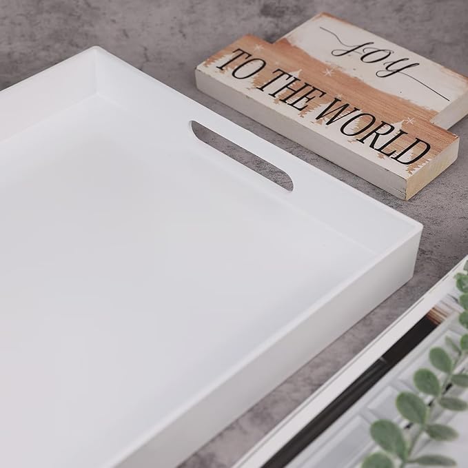 White Serving Tray for Coffee Table, Rectangular Plastic Decorative Tray with Handles for Entertaining, Outdoor Patio, Living Room, Ottoman, Bathroom Counter, 11.8”*15.7”*1.6”