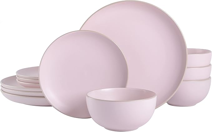 Gibson Home Rockaway 12-Piece Round Stoneware Dinnerware Set, Service for 4 – Pink Plates and Bowls, Modern Matte Finish, Microwave & Dishwasher Safe