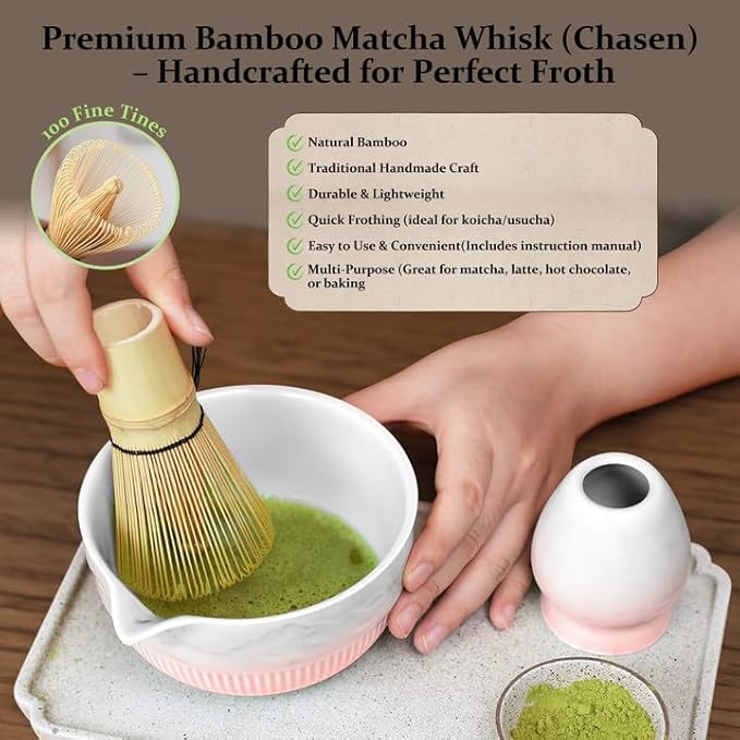 7PCs Pink Matcha Whisk Set Traditional Japanese Matcha Kit with Whisk and Bowl Matcha Making Accessories Bamboo Chasen Tea Spoon Holder Sifter Tea Towel Ceremony Macha Tea Set for Beginners