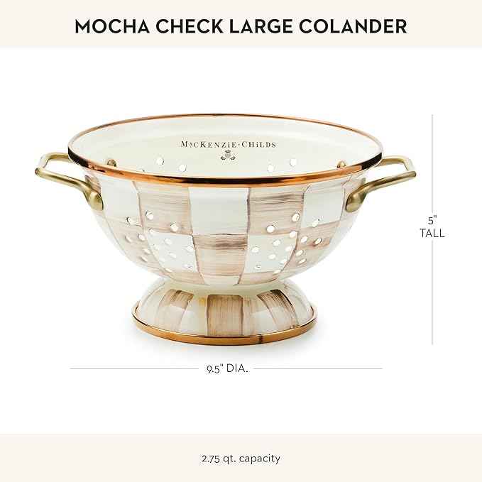 MACKENZIE-CHILDS Enamel Colander, Decorative Kitchen Strainer, Large, Brown-and-White Mocha Check