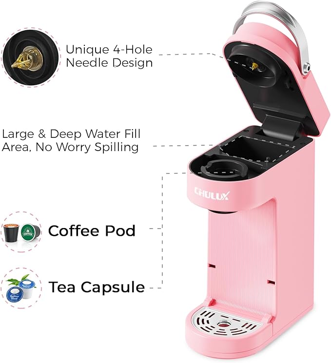 CHULUX Slim Single Serve Coffee Maker for K Pods, One Cup Coffee Maker Fits 7.3" Travel Mugs, Coffee Machine with 6 to 12oz Brew Sizes, Salmon Pink