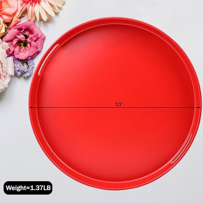 Round Red Decorative Serving Tray with Handles, 13” Versatile Ottoman Tray for Coffee Table, Entertaining, Outdoor Patio, Living Room