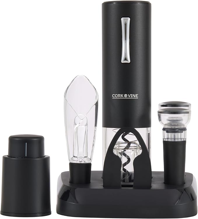 Cork & Vine Rechargeable 7-Piece Wine Set | Electric Wine Opener, Charging Base | Smart Wine Stopper, Wine Aerator, Wine Foil Cutter, Rechargeable Corkscrew, 2 Wine Stoppers Vacuum | Kitchen Gadgets
