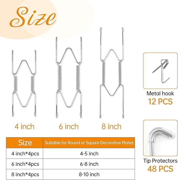 Bilillo 12 Pieces Invisible Wall Plate Hangers 4/6/8 Inches Wall Plate Hangers Stainless Steel Decorative with 12 Pieces Hook with Nails Suitable for 4-10 inch Decorative Antique and Arts(Silver)