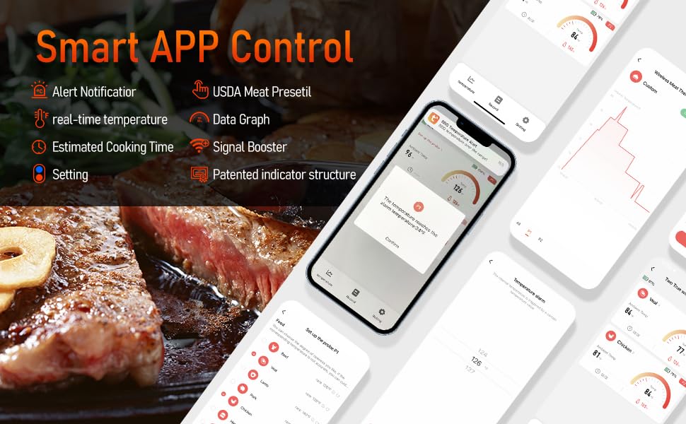 AlfaBot Wireless Meat Thermometer with 2 Meat Probes, 520 FT Bluetooth Meat Thermometer with Digital Food Thermometer for Remote Monitoring of BBQ Grill, Oven