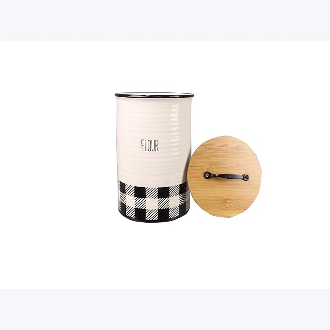 Young's Inc. 4 Pcs Set Plaid with Bamboo Lids Ceramic Canisters- Storage Container for Kitchen and Bathroom - Beautiful Home Decor Accent to Store Food, Coffee, Tea, and More - Black, White
