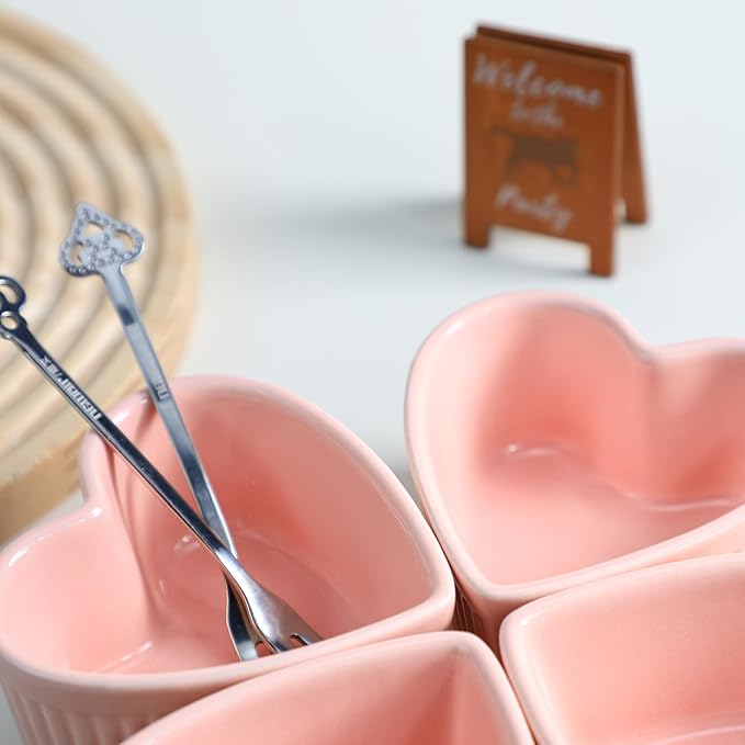 Sizikato Heart-Shaped Porcelain Souffle Dishes, Ramekins - 3.5 Inches for Souffle, Creme Brulee and Dipping Sauces - Set of 4