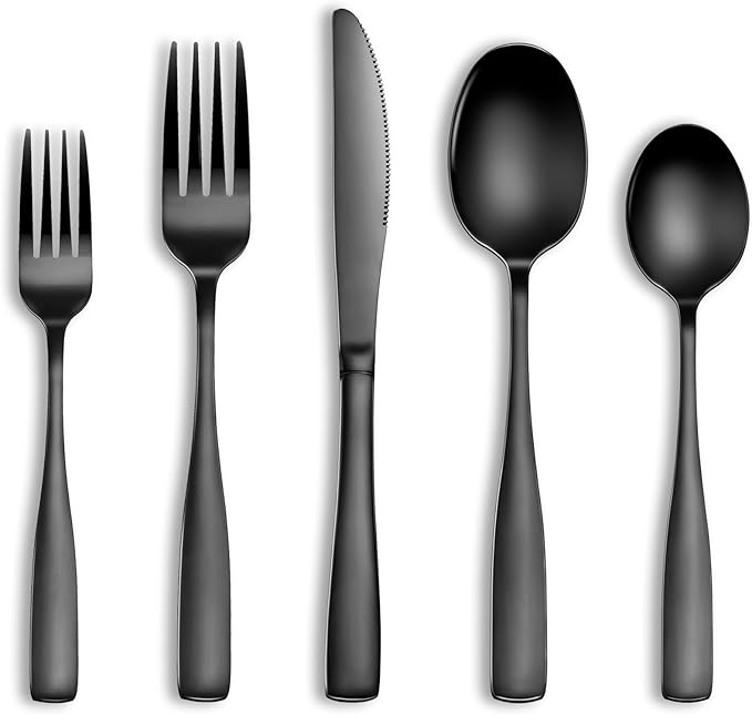 40 Pcs Black Silverware Set, Stainless Steel Flatware Set for 8, Food-Grade Cutlery Set, Mirror Polished Tableware Eating Utensils Set for Home Kitchen, Include Knife Fork Spoon Set, Dishwasher Safe